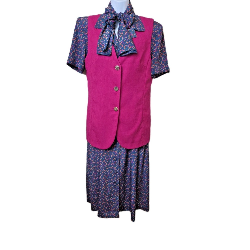 Vtg 1980s Secretary Career Dress Day Church 3 peice Vest Sash Size 8 Leslie Fay
